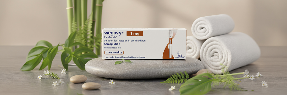 Wegovy 1mg injekciós toll doboza természetes spa környezetben köveken és növények között, szemaglutid hatóanyagú testsúlykezelő készítmény